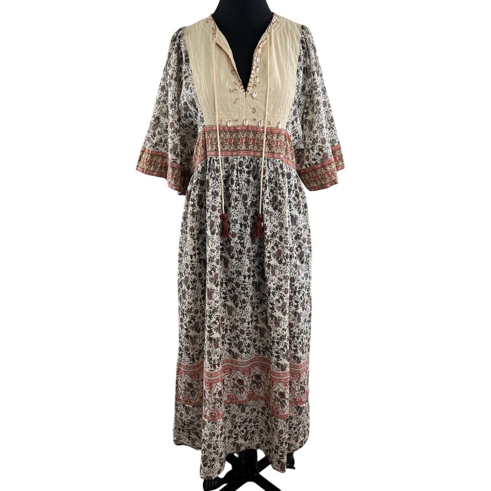ZARA Floral Print 3/4 Sleeve Bohemian Pooka Shell Midi Peasant Dress Sz M Medium